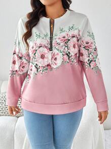 SHEIN LUNE Große Größen Langarm T-Shirt mit Blume Muster, Stehkragen und Reißverschluss für Herbst & Winter, Rosa Reise Flughafen T-Shirt - Pink - Übersicht 4