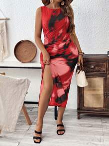 SHEIN Clasi Plus Size Fashionable Tie-Dye Ruched Slit Slim-Fit Sleeveless Dress, Vacation Style - Multicolor - View 3