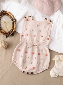 Baby Girls Knitted Romper With Pompom Decoration, Casual & Cute Spring/Autumn Outfit - Apricot - View 1