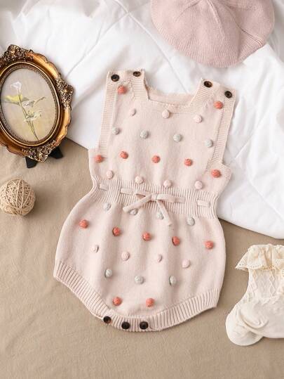 Baby Girls Knitted Romper With Pompom Decoration, Casual & Cute Spring/Autumn Outfit