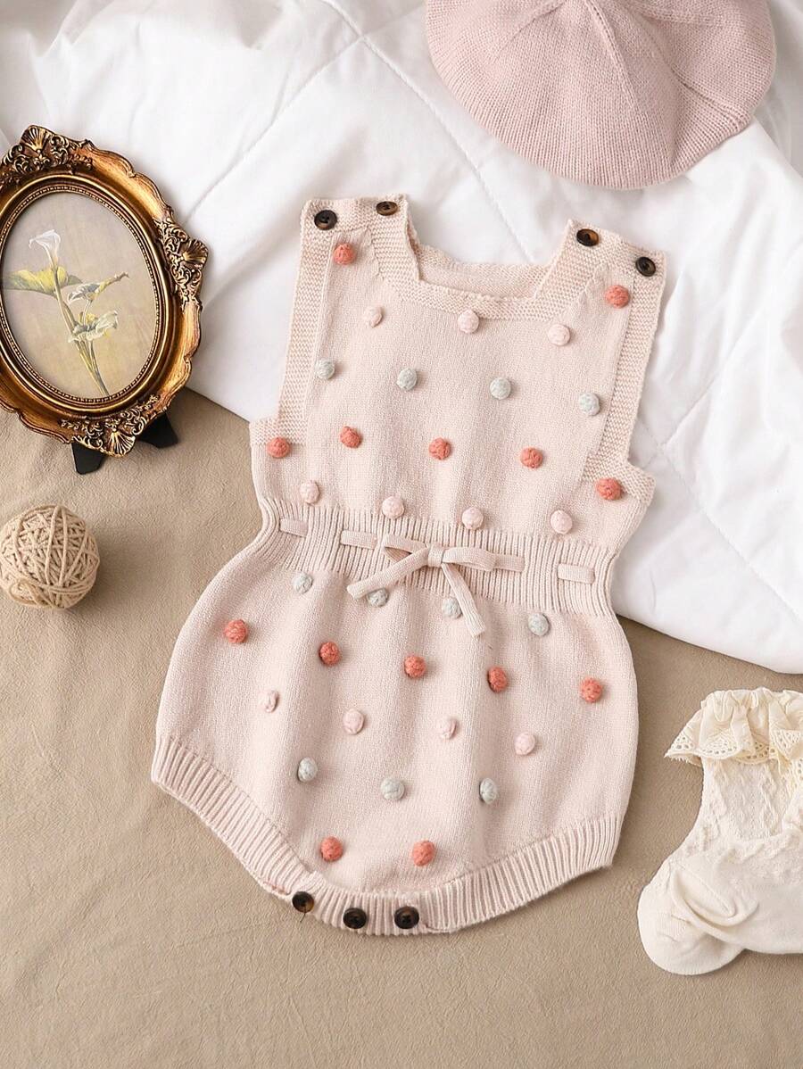 Baby Girls Knitted Romper With Pompom Decoration, Casual & Cute Spring/Autumn Outfit - Apricot - View 1