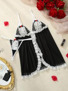 SHEIN Women's Lace Patchwork Sheer Cami Nightgown And G-String Lingerie Set - Black and White - View 1