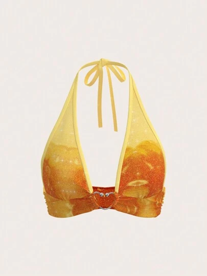  SHEINNeu Women's Tie Dye Print Backless Crop Halter Triangle Bikini Elegant Hawaiian Lemon Top For Summer