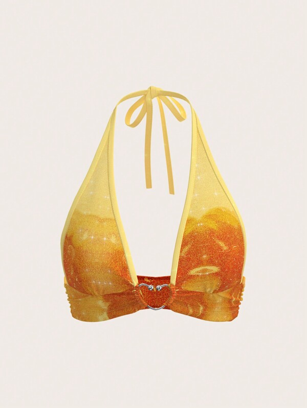 SHEINNeu SHEINNeu Women's Tie Dye Print Backless Crop Halter Triangle Bikini Elegant Hawaiian Lemon Top For Summer