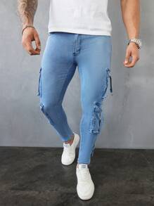 Manfinity LEGND Men's Light Blue Denim Cargo Pants Slim Fit Street Style