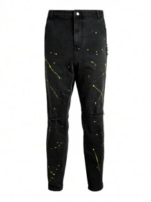 Manfinity LEGND Plus Size Men's Black Denim Jeans With Splatter Street Graffiti Print, Skinny Fit - Black - View 3