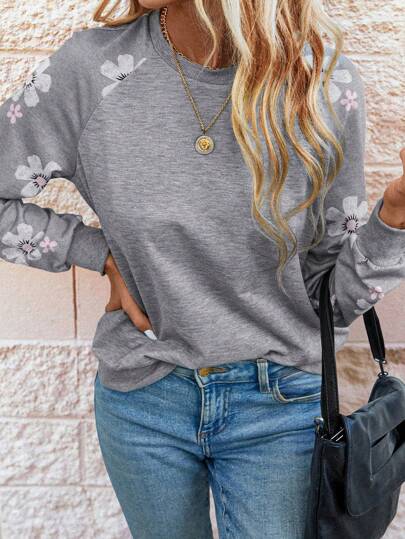 SHEIN LUNE 女士灰色花卉印花插肩袖运动衫、长袖上衣