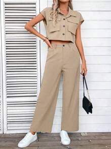 EMERY ROSE 2pcs Women's Pocket Design Single Breasted Summer Top And Pants Set - Khaki - View 3