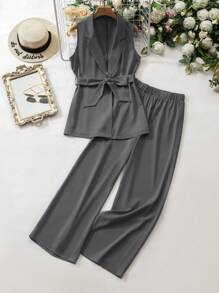 Mulvari Women's Solid Color Notched Collar Vest And Wide Leg Pants Casual Suit, Summer 2 Piece Set