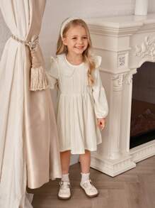 SHEIN 年轻女孩学院风优雅彼得潘领灯笼袖收腰提花针织纯色中长连衣裙，适合秋冬季