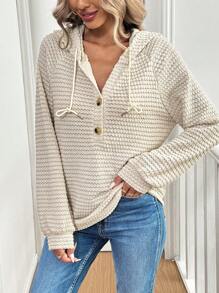 SHEIN LUNE Áo hoodie dây rút nửa nút dành cho nữ - Màu be - Xem 3
