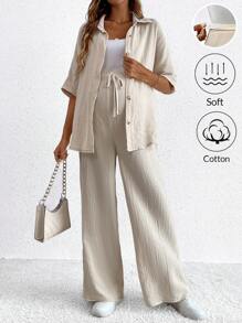 SHEIN 孕婦純色短袖前扣上衣和打結休閒褲，2件套裝 - 卡其色 - 查看 1