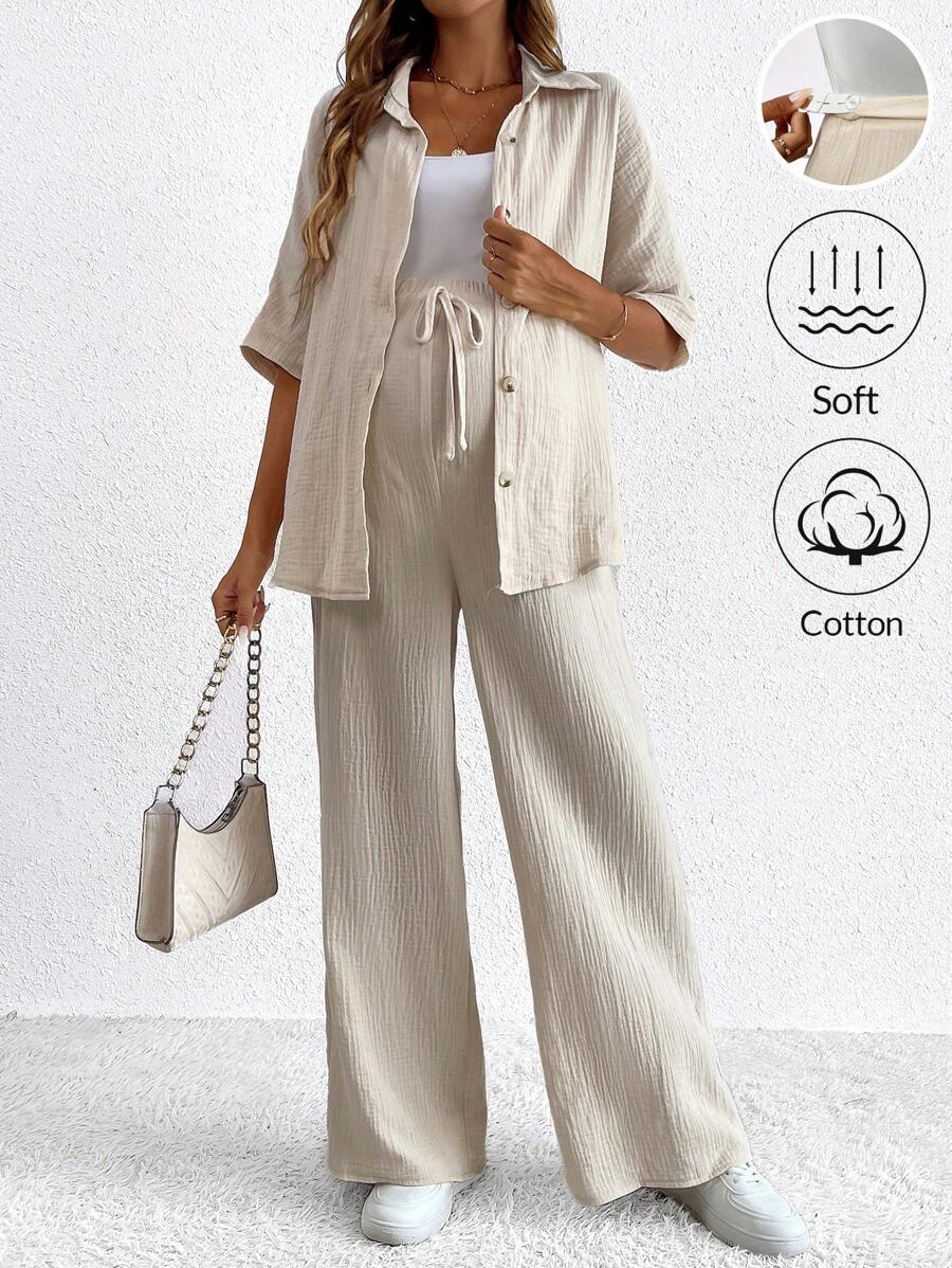 SHEIN 孕婦純色短袖前扣上衣和打結休閒褲，2件套裝 - 卡其色 - 查看 1