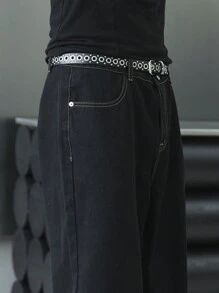 Claim Dot Men's Loose Fit Straight-Leg Casual Jeans With Pockets - Black - View 6