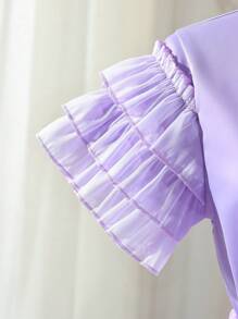 Teen Girl Noble Purple Batwing Blouse & Textured Mini Skirt Two-Piece Set - Lilac Purple - View 4