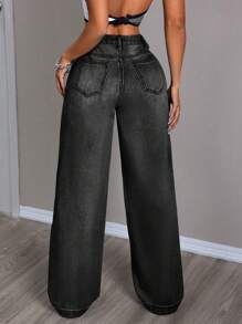 SHEIN PETITE Quần jean denim giản dị tối giản màu trơn dành cho nữ - màu đen - Xem 2