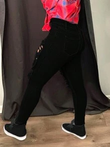 时尚破洞紧身性感黑色牛仔裤 - 黑色 - 查看 3