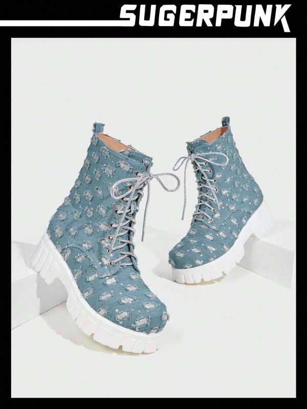 Sugerpunk CUCCOO Fashionable Glitter Chunky Platform Boots, Versatile For Music Festival, Travel & Everyday Wear