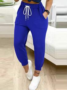 Women's Solid Color Casual Drawstring Elastic Waist Ankle Pants - Blue - View 5