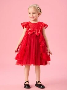 SHEIN Girls' Elegant Versailles Red Rose Tutu Dress For Birthday Party, Holiday, Flower Girl - Burgundy - View 3