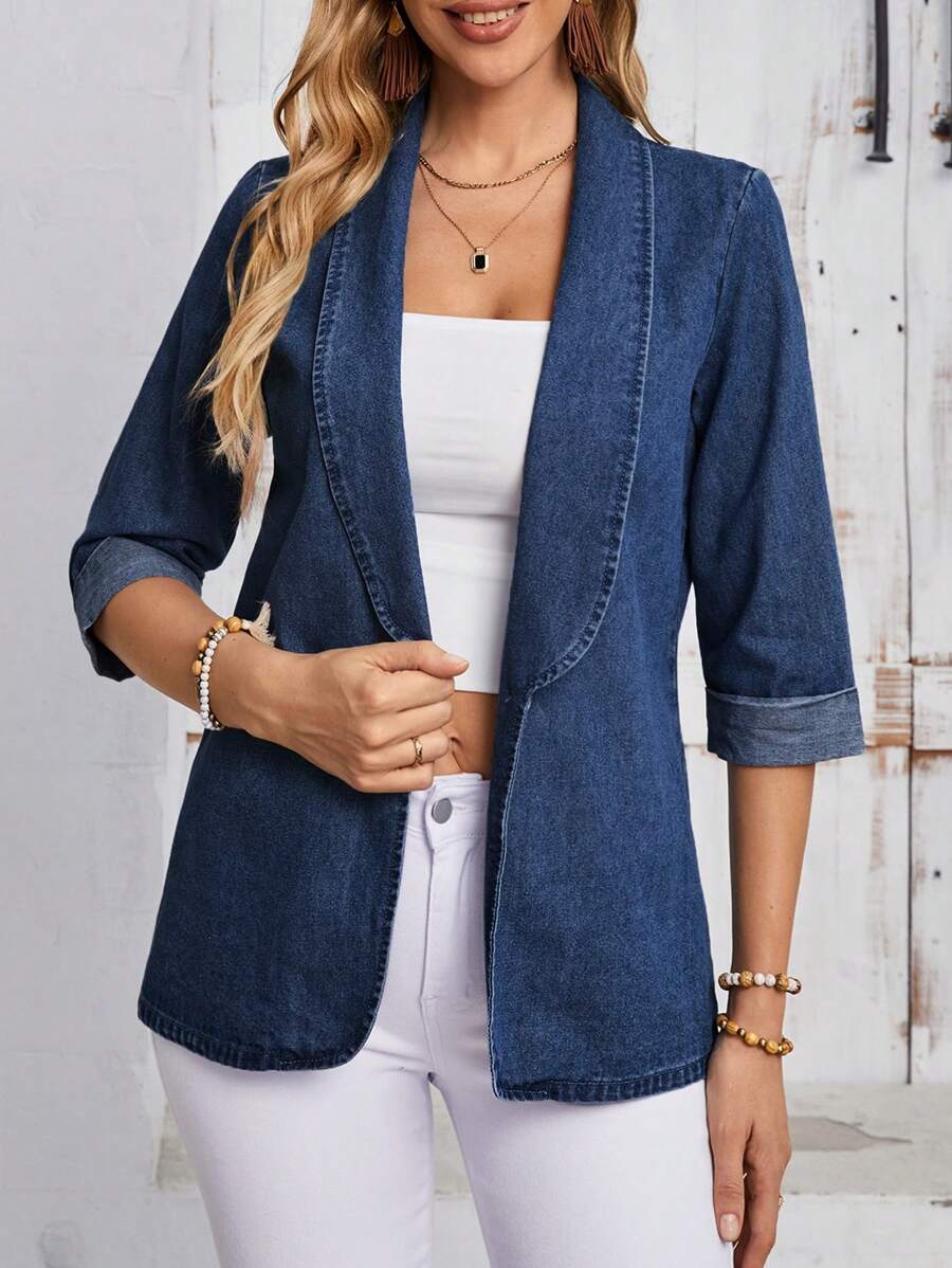 SHEIN LUNE 女士纯色休闲牛仔短袖夹克 - 深色水洗藍 - 查看 1