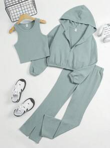 SHEIN 3 件套少女纯色针织连帽衫、背心和喇叭裤休闲套装 - 薄荷綠 - 查看 5