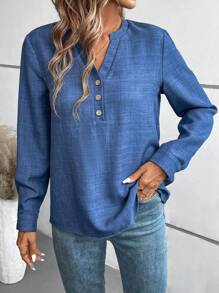 SHEIN LUNE Blusa informal con cuello en V, manga larga, botones delanteros y bolsillo para mujer