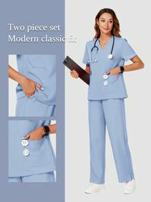 TaskEZ 2-delig verpleegsteruniform met V-hals, korte mouw en broek, damesscrubsset, effen kleur