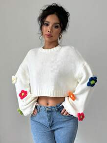 Chiquease Women's Floral Decor Oversized Round Neck Drop Shoulder Loose Casual Sweater, Autumn Winter