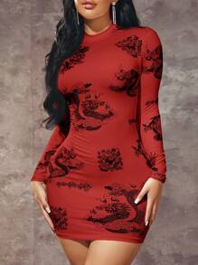 SHEIN SXY 女款龙印花圆领长袖连衣裙 - 紅色 - 查看 1