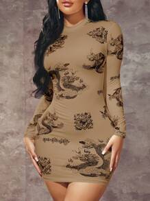 SHEIN SXY Vestido de manga larga con cuello redondo y estampado de dragón para mujer