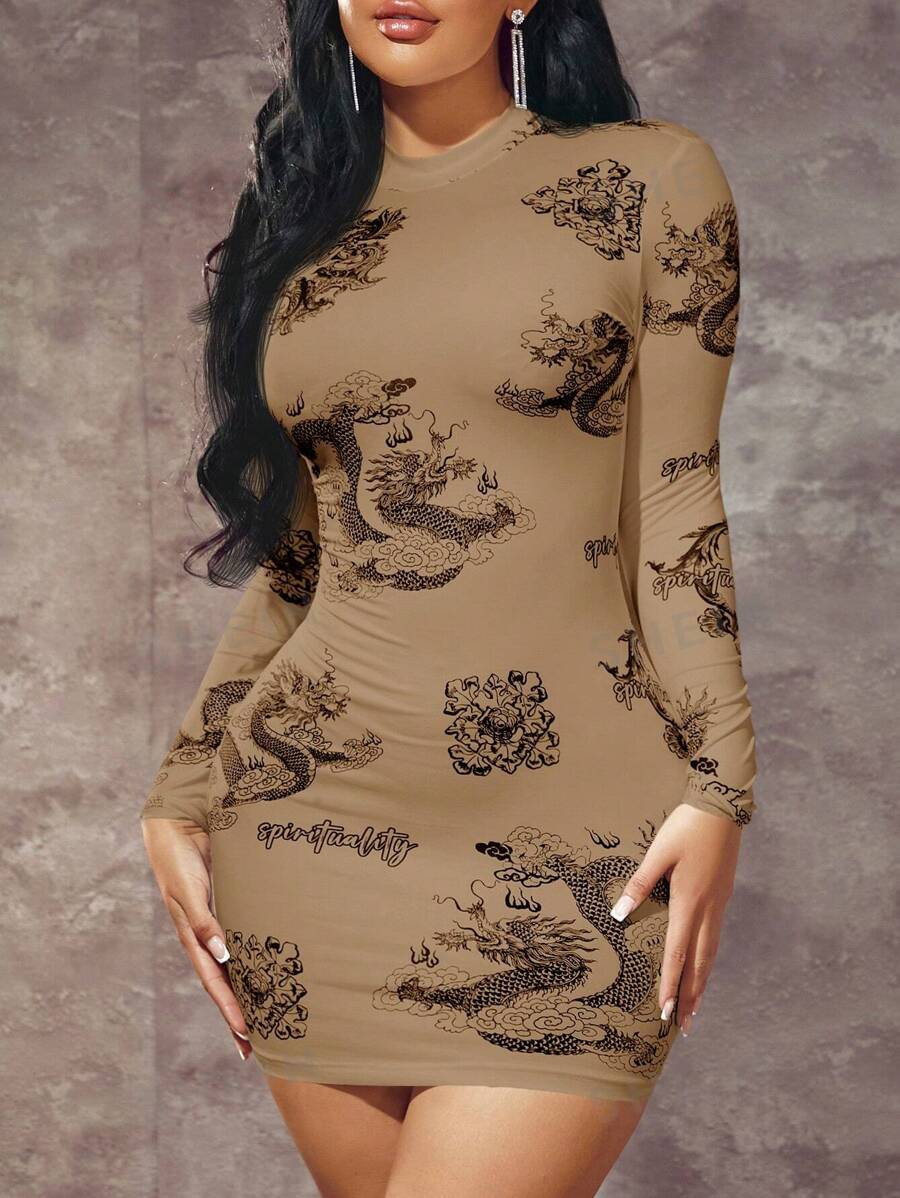 SHEIN SXY Vestido de manga larga con cuello redondo y estampado de dragón para mujer