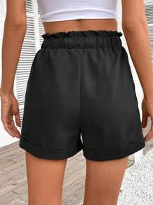 SHEIN LUNE 女士纯色荷叶边腰带口袋休闲短裤 - 黑色 - 查看 2