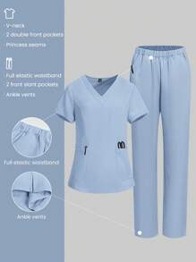 TaskEZ 2-delig verpleegsteruniform met V-hals, korte mouw en broek, damesscrubsset, effen kleur