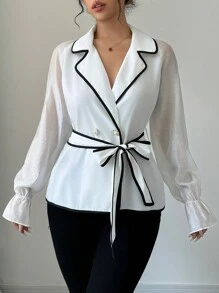 Chiquease Women's Contrast Trim Cinched Waist Blouse Women Shirt,Long Sleeve Tops