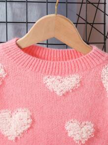 Tween 女童柔软针织圆领毛衣，带 3D 心形设计和纽扣