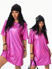 Coolane Women's Fashionable Music Festival Style Metallic Pink Women's T-Shirt Dress - Hot Pink - View 1