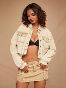 Forever 21 Flap Pocket Raw Hem Crop Denim Jacket - Khaki - View 8
