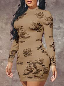 SHEIN SXY Vestido de manga larga con cuello redondo y estampado de dragón para mujer