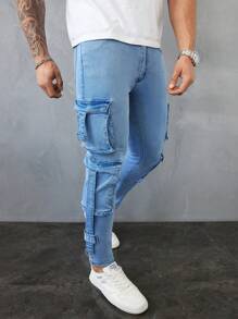 Manfinity LEGND Men's Light Blue Denim Cargo Pants Slim Fit Street Style
