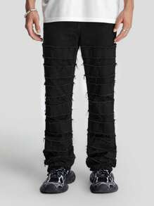 Manfinity Roghcode Men's Black Denim Frayed Trim Skinny Jeans Slim Fit Plain Black Jeans, For Husband, Boyfriend Gifts