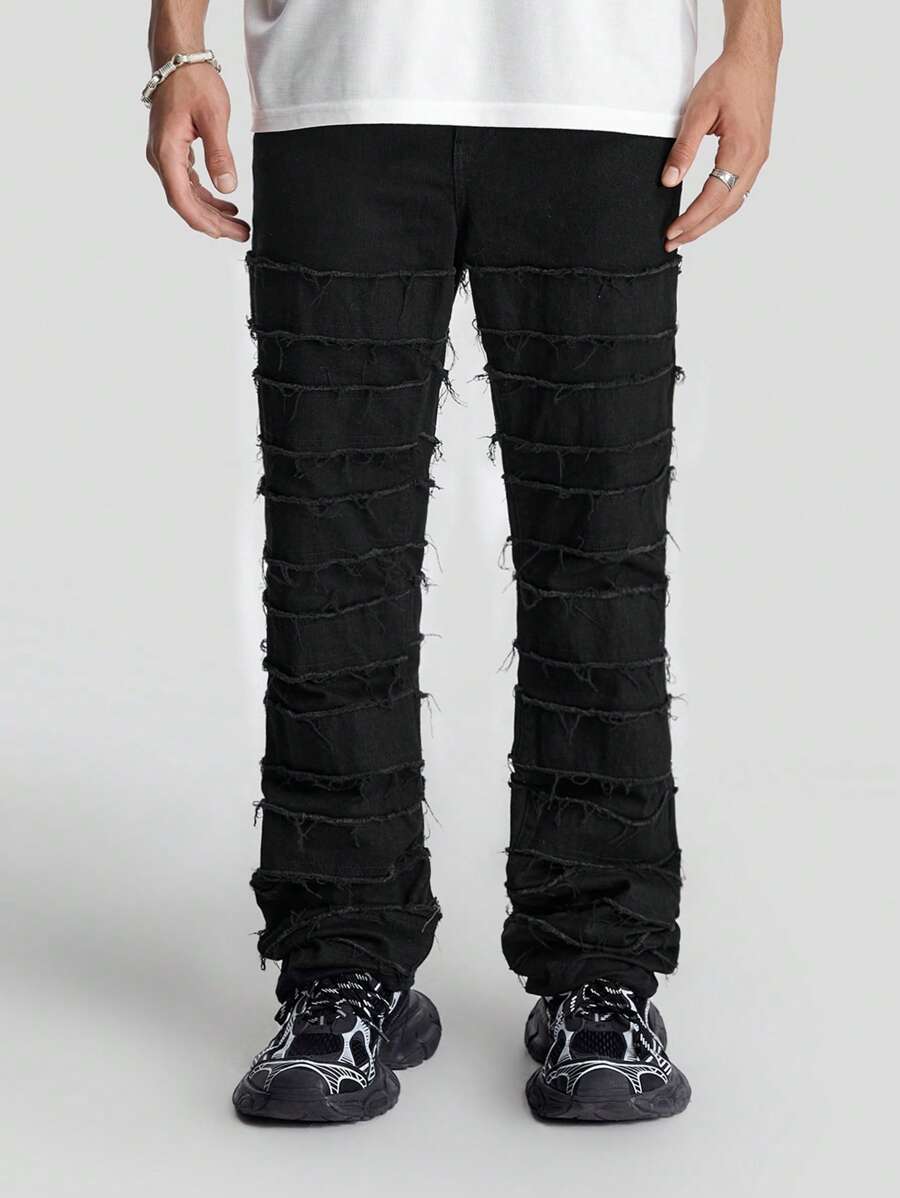 Manfinity Roghcode Men's Black Denim Frayed Trim Skinny Jeans Slim Fit Plain Black Jeans, For Husband, Boyfriend Gifts