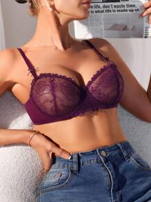 女士花卉蕾丝蝴蝶结装饰文胸、内衣 - 紫色 - 查看 1