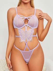 Damen Jumpsuit aus besticktem transparenten Mesh mit Schmetterlingen