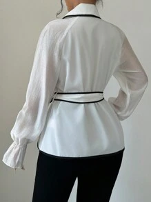 Chiquease Women's Contrast Trim Cinched Waist Blouse Women Shirt,Long Sleeve Tops