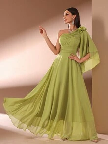 Solid Color Casual Dress For Women With Diagonal Shoulder & 3D Floral Decor - Green - View 5