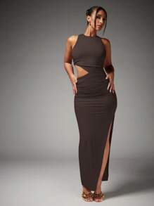 SHEIN BAE Vestido mini de fiesta fruncido con abertura alta asimétrica y calado hecho de tejido elástico de punto para mujer