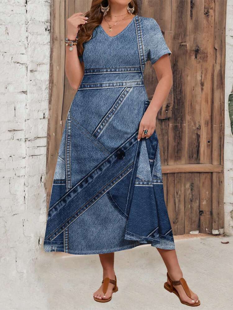 Plus Size Women's Casual Vintage V-Neck Short Sleeve Dress Suitable For Going Out Chic Dress,Spring/Summer/Vacation