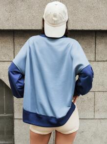 Bohemela Women's Colorblock Crew Neck Blue Sweatshirt, Autumn