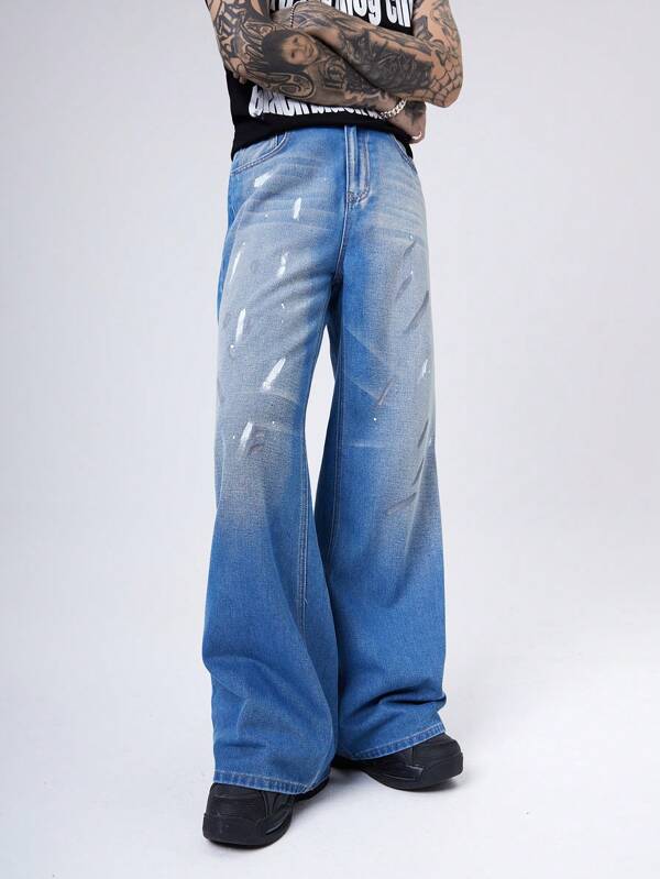 Manfinity Denimwave Men's Vintage Washed Loose Fit Baggy Jeans, Plain Blue Wide Jeans Long Distressed Jeans, For Husband, Boyfriend Gifts